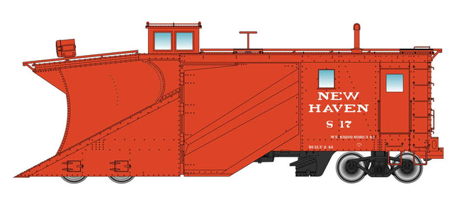 Walthers Proto Russell Snowplow New Haven #S17 in bright orange, side view illustration for HO scale model train enthusiasts.