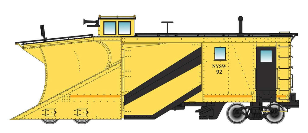 Walthers Proto Russell Snowplow #92 in yellow with black stripes, HO Scale model for New York, Susquehanna and Western Railway.