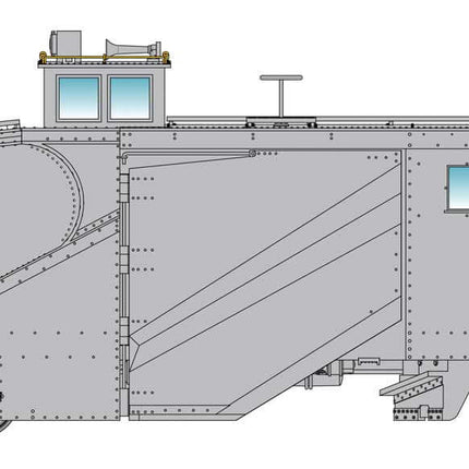 Detailed illustration of Walthers Proto Russell Snowplow in MOW Gray, showcasing its all-steel design and features.