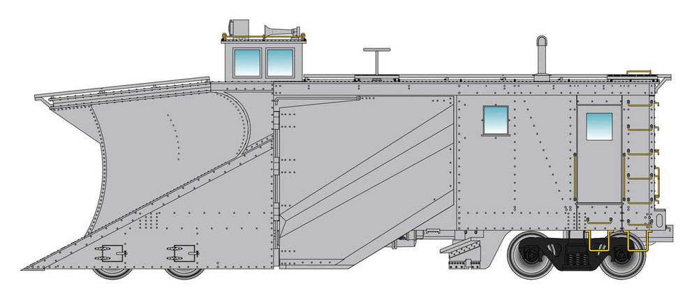 Detailed illustration of Walthers Proto Russell Snowplow in MOW Gray, showcasing its all-steel design and features.