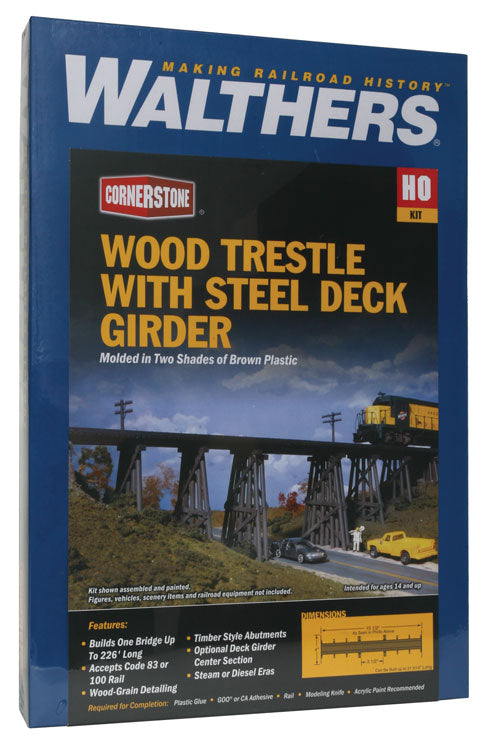 Walthers Cornerstone 933-3147 | Trestle with Deck Girder Bridge - Plastic Building Kit | HO Scale