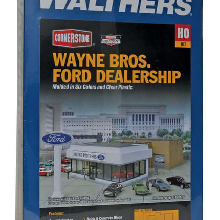Walthers HO scale Wayne Bros. Ford Dealership kit with detailed packaging for model train layouts.