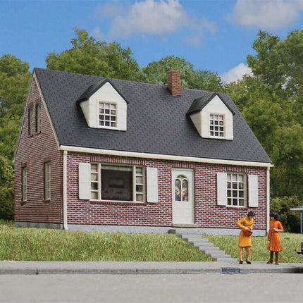 Walthers Cornerstone Brick Cape Cod House model kit, perfect for HO Scale suburban layouts.