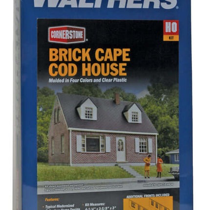 Walthers Cornerstone HO Scale Brick Cape Cod House model kit packaging showcasing suburban architectural style.