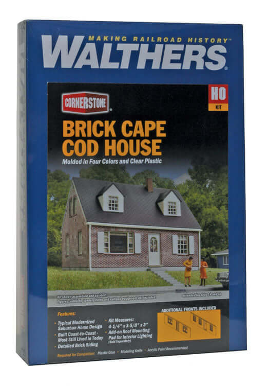 Walthers Cornerstone HO Scale Brick Cape Cod House model kit packaging showcasing suburban architectural style.