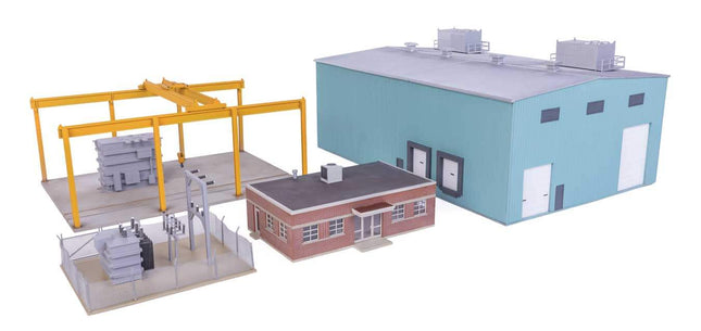 Walthers HO Transformer Factory kit featuring industrial building, overhead crane, substation, and detailed components.
