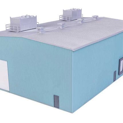 Walthers HO Transformer Factory model featuring detailed overhead cooling units and industrial design in blue color.