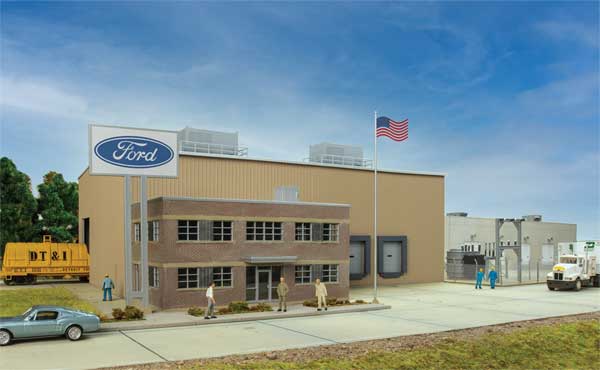 Walthers HO scale Ford Stamping Plant model with brick building, rooftop vents, and American flag.