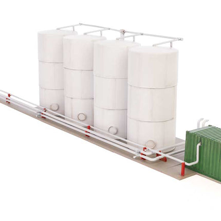 Corn syrup transfer facility model with storage tanks and loading equipment, ideal for HO scale layouts.