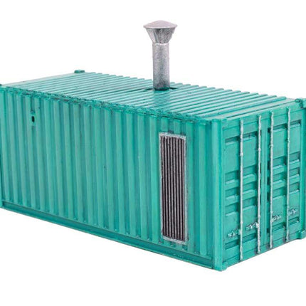 HO scale boiler house building kit modeled from a shipping container, featuring a chimney and detailed design.