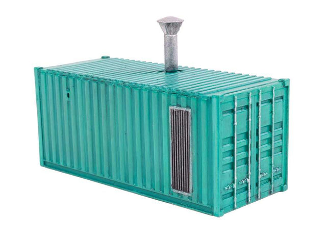 HO scale boiler house building kit modeled from a shipping container, featuring a chimney and detailed design.