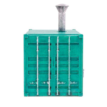 HO scale boiler house building kit modeled after a shipping container in green with a chimney.