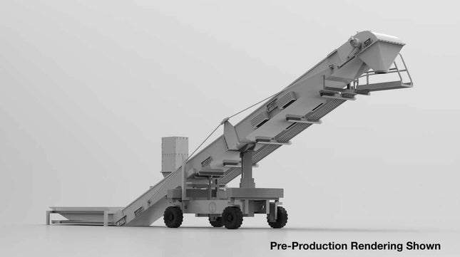 Pre-production rendering of Walthers Cornerstone Belt Transloader model for HO scale, showcasing adjustable elevation and positionable wheels.