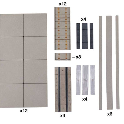 Walthers Cornerstone Transload Pavement Building Kit pieces, including concrete and track accessories in HO scale.