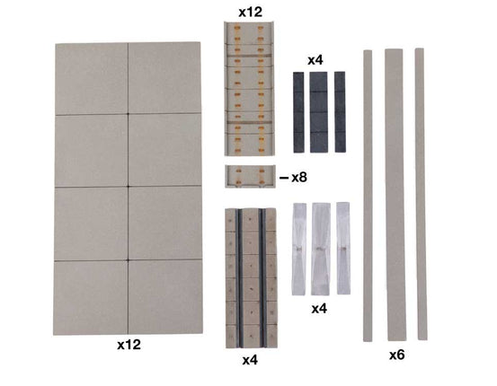 Walthers Cornerstone Transload Pavement Building Kit pieces, including concrete and track accessories in HO scale.