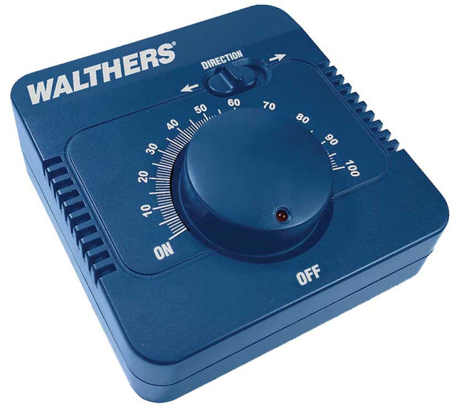 Walthers 942-4000 DC train controller with speed dial, ON/OFF switch, and direction control for model trains.
