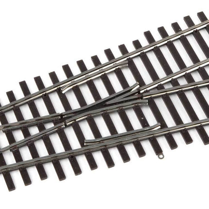 Close-up of WalthersTrack Code 83 #4 Wye Turnout, showcasing realistic rail detail for HO scale model railroads.