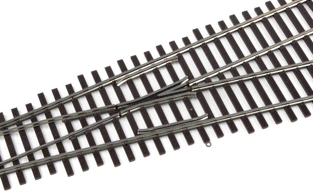 Close-up of WalthersTrack Code 83 #4 Wye Turnout, showcasing realistic rail detail for HO scale model railroads.