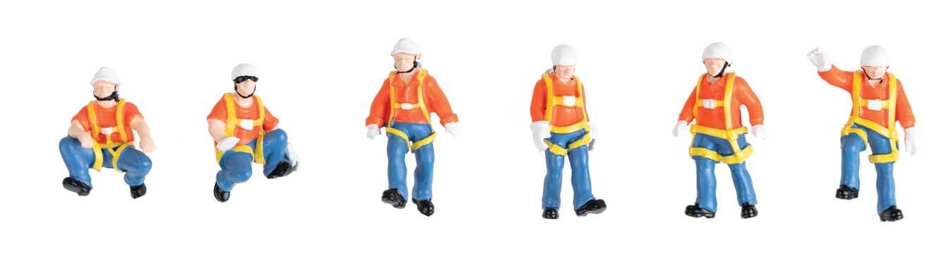 HO scale trackside worker figures in safety gear, painted in vibrant colors. Set includes six action-posed workers.