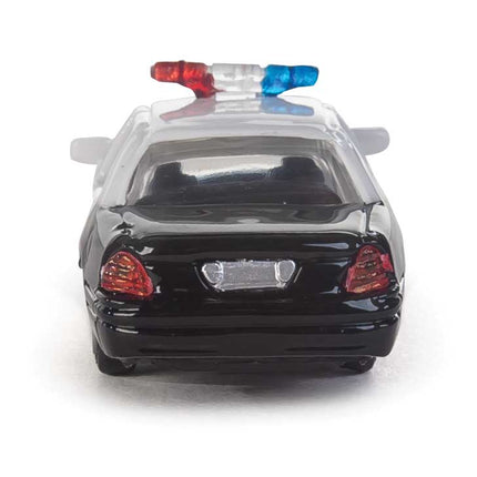 Walthers scene model of a black Ford Crown Victoria Police Interceptor with red and blue lights on top.