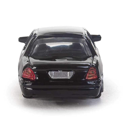 Walthers HO scale unmarked black Ford Crown Victoria Police Interceptor - rear view, fully assembled model vehicle.
