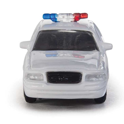 Walthers HO scale Ford Crown Victoria Police Interceptor in white with lightbar, ideal for model layouts.