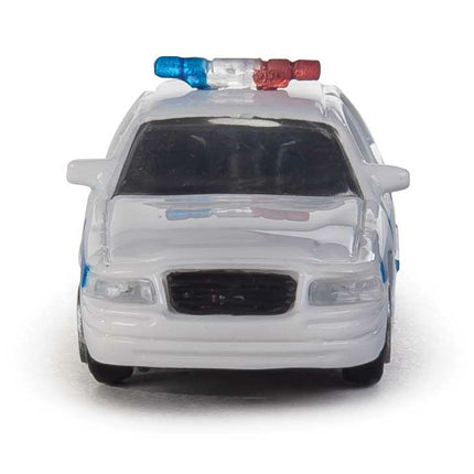 Walthers HO Ford Crown Victoria Police Interceptor model in white with blue stripe, featuring a molded lightbar, front view.