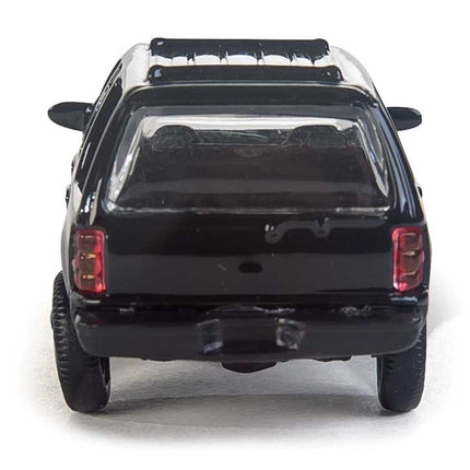 Rear view of unmarked black Ford Expedition Special Service Vehicle model for HO scale layouts