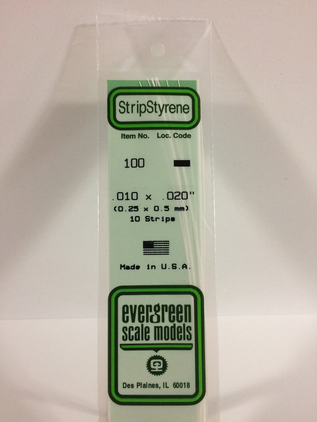 Evergreen 100 .010" x .020" White Styrene Strip All Scales - package