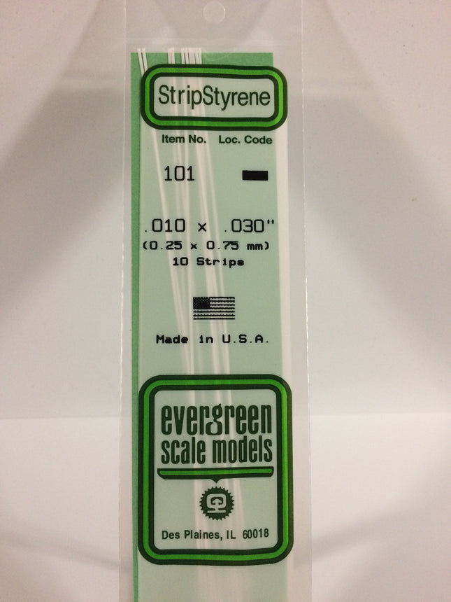 Evergreen 101 .010" x .030" White Styrene Strip All Scales - package
