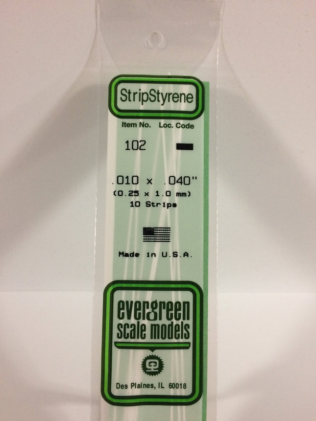Evergreen 102 .010" x .040" White Styrene Strip All Scales - package