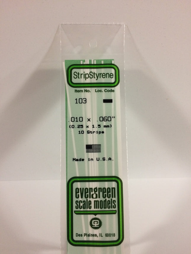 Evergreen 103 .010" x .060" White Styrene Strip All Scales - package