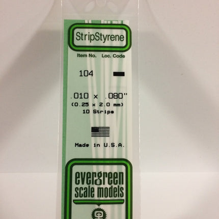 Evergreen 104 .010" x .080" White Styrene Strip All Scales - package