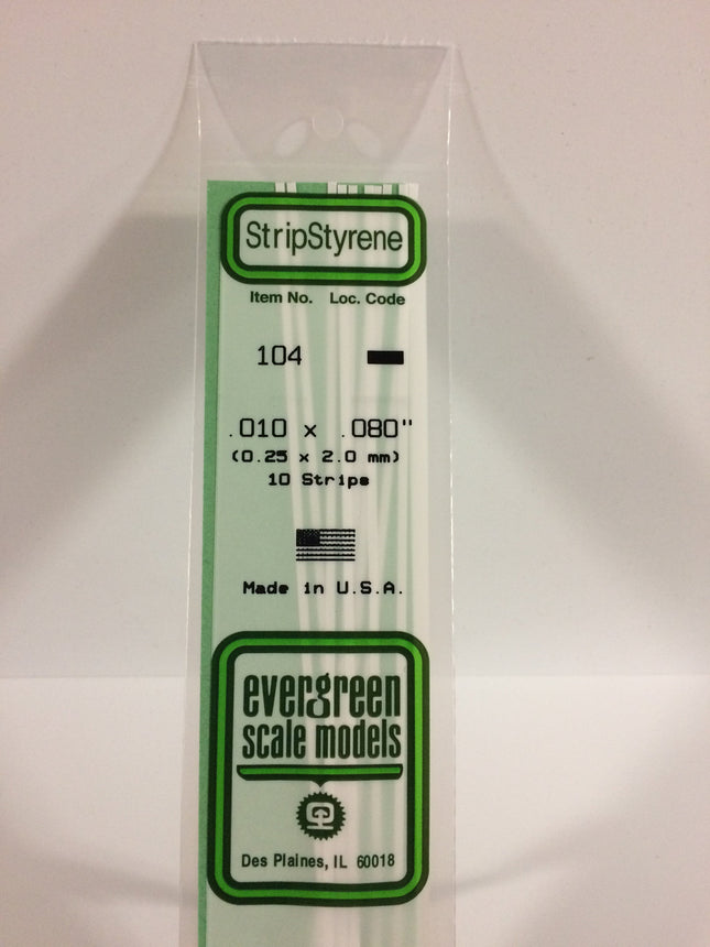 Evergreen 104 .010" x .080" White Styrene Strip All Scales - package