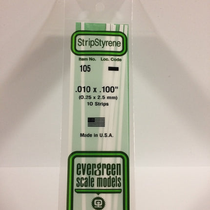 Evergreen 105 .010" x .100" White Styrene Strip All Scales - package