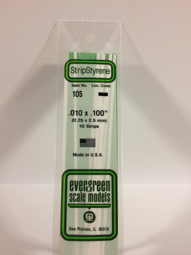 Evergreen 105 .010" x .100" White Styrene Strip All Scales - package