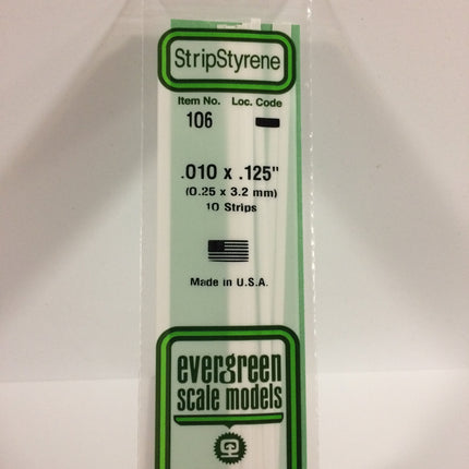 Evergreen 106 .010" x .125" White Styrene Strip All Scales - package