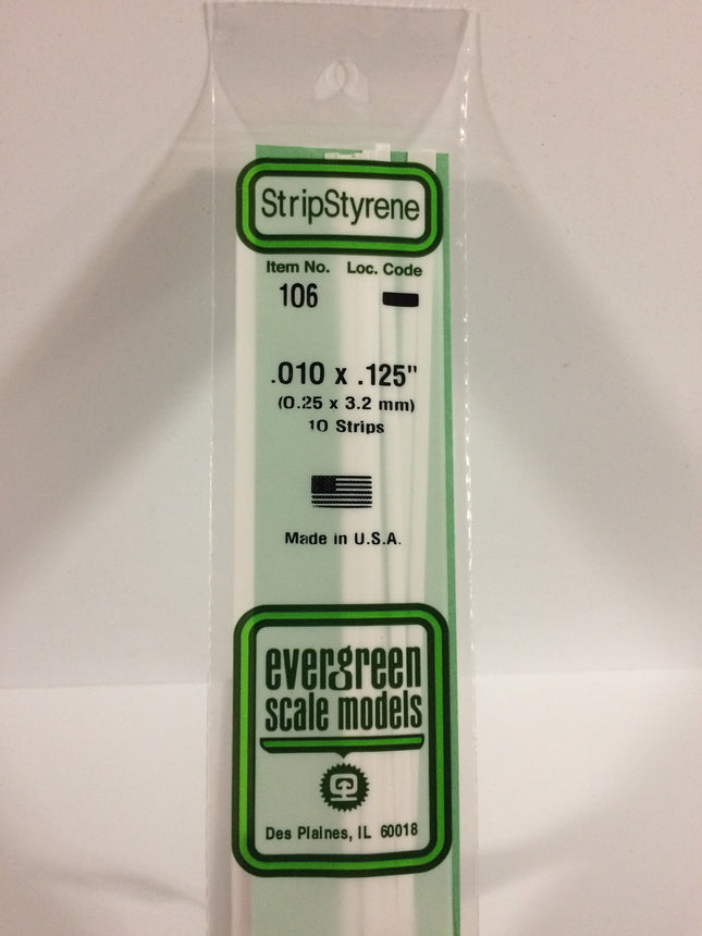 Evergreen 106 .010" x .125" White Styrene Strip All Scales - package