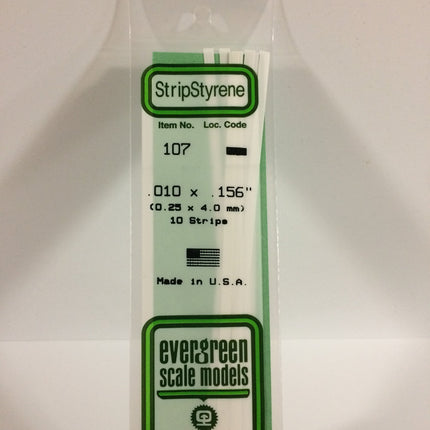 Evergreen 107 .010" x .156" White Styrene Strip All Scales - package