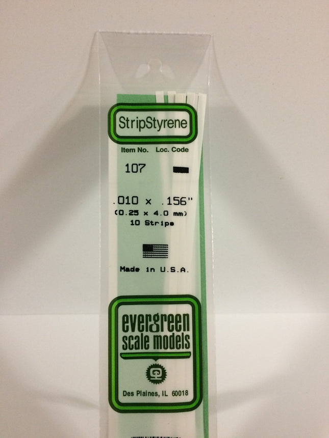 Evergreen 107 .010" x .156" White Styrene Strip All Scales - package