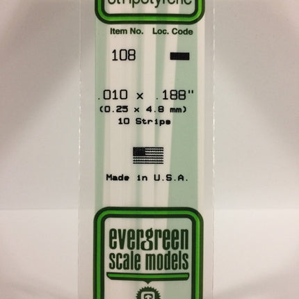 Evergreen 108 .010" x .188" White Styrene Strip All Scales - package