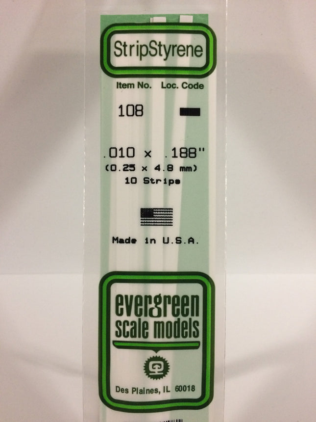 Evergreen 108 .010" x .188" White Styrene Strip All Scales - package