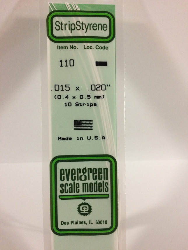 Evergreen 110 .015" x .020" White Styrene Strip All Scales - package