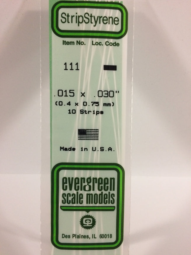 Evergreen 111 .015" x .030" White Styrene Strip All Scales - package