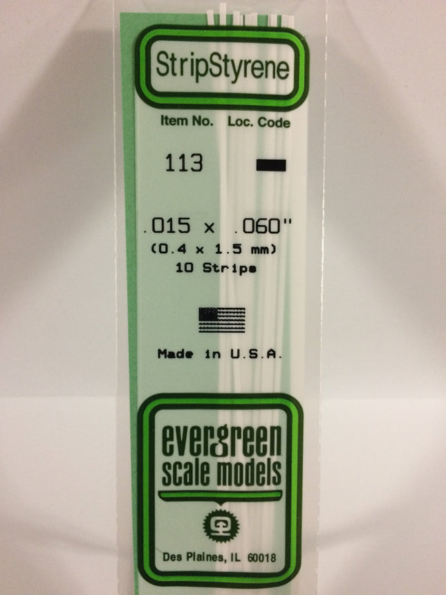 Evergreen 113 .015" x .060" White Styrene Strip All Scales - package
