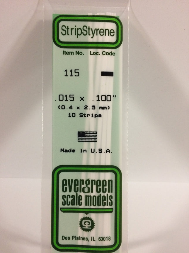 Evergreen 115 .015" x .100" White Styrene Strip All Scales - package