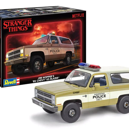 Revell 1/25 scale model of Jim Hopper's '85 Chevy K5 Blazer from Stranger Things with box.