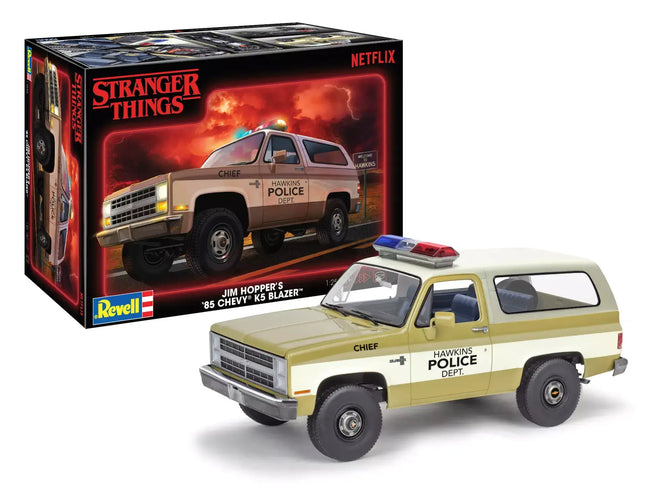 Revell 1/25 scale model of Jim Hopper's '85 Chevy K5 Blazer from Stranger Things with box.