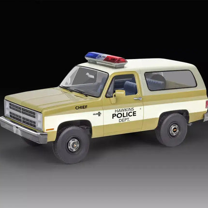 Revell 1/25 scale model of Jim Hopper's '85 Chevy K5 Blazer from Stranger Things with police lights.