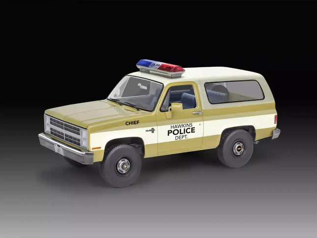 Revell 1/25 scale model of Jim Hopper's '85 Chevy K5 Blazer from Stranger Things with police lights.